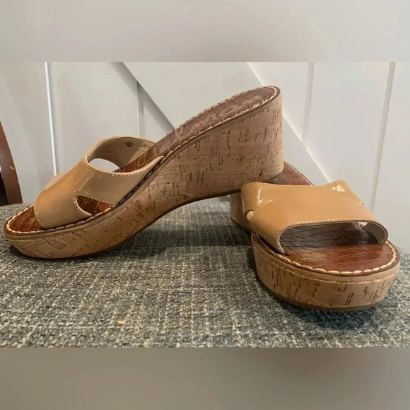 Size 9 Sam Edelman Tan Patent Leather Cork Wedge Platform Sandal - Picture 3 of 6